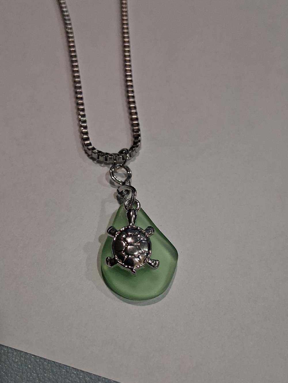 Sea Glass Teardrop Necklace with Turtle Charm - Light Green